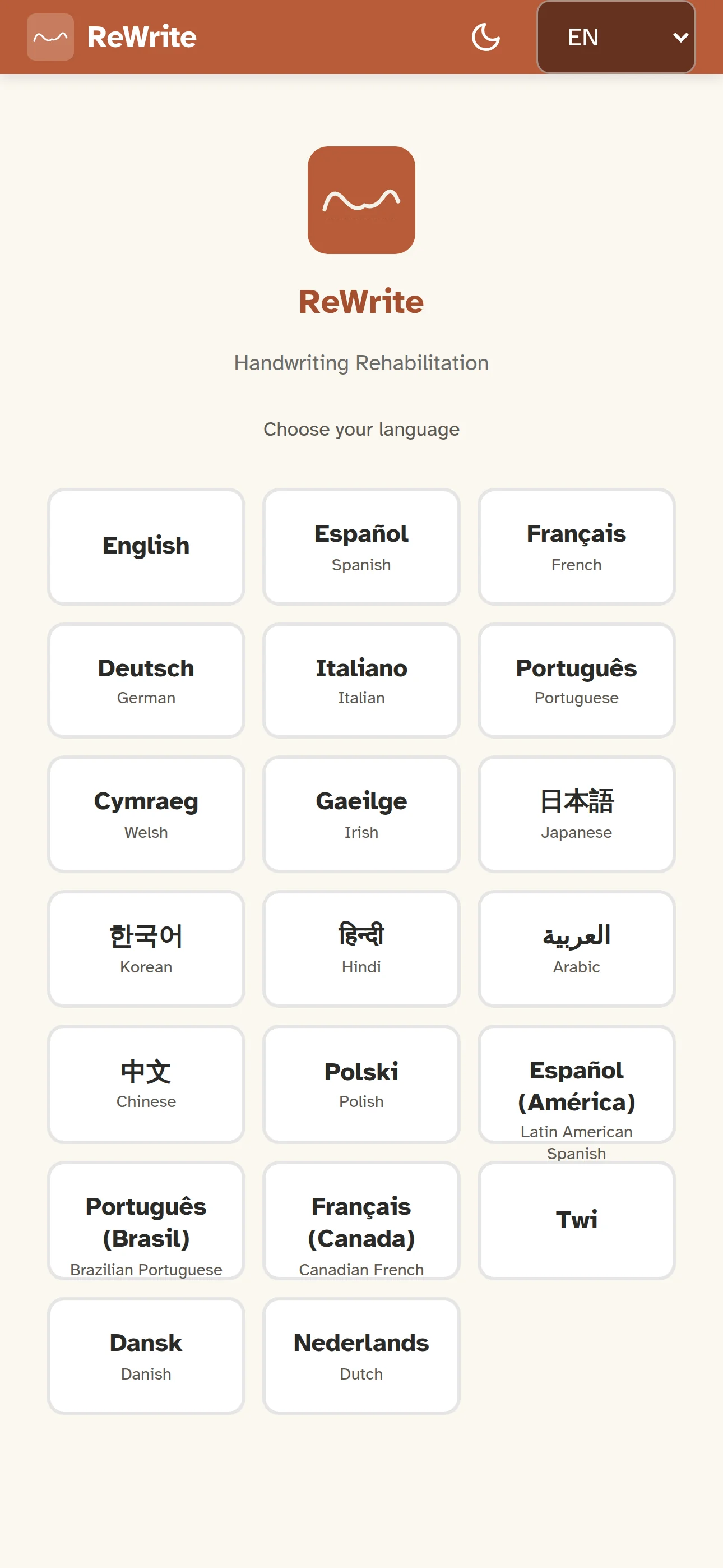 ReWrite language selection screen showing 20 languages